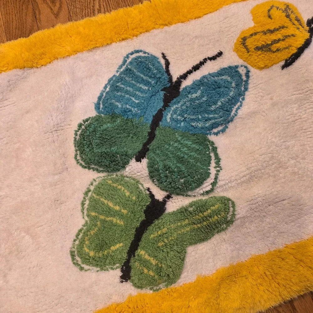Vera Neumann Butterfly Bath Mat Yellow Blue Green MCM Grandma Cottagecore Cotton